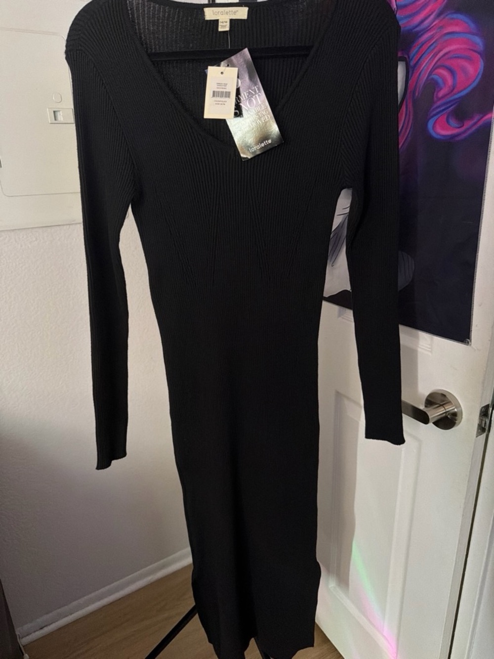 loralette Black Ribbed V-Neck Long Sleeve Knit Dress